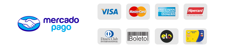 Mercado Pago, Visa, Mastercard, American Express, Hipercard, Diners Club, boleto e Elo